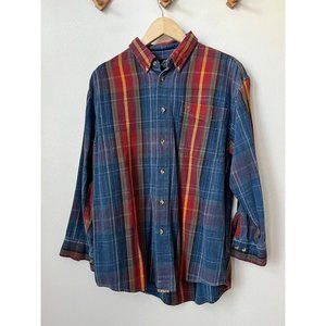 Vintage mens blue red plaid button up flannel shirt long sleeve thrashed